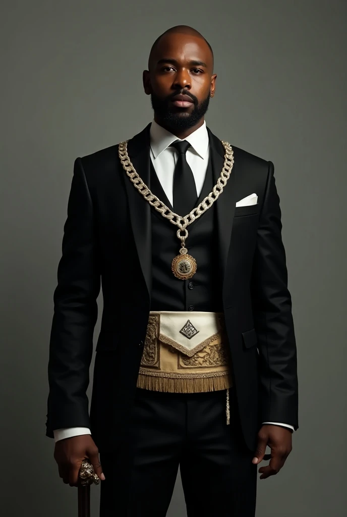 Image from head to toe of a Black man ,  well dressed in black suit, black shoes, white shirt, black necktie, wearing  freemason master mason collar chain with freemason logo pendant, Master Mason apron with freemason logo regalia, holding a sword. 