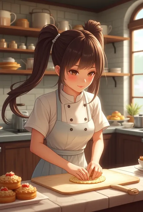 Woman with twin tails at the pastry chef
