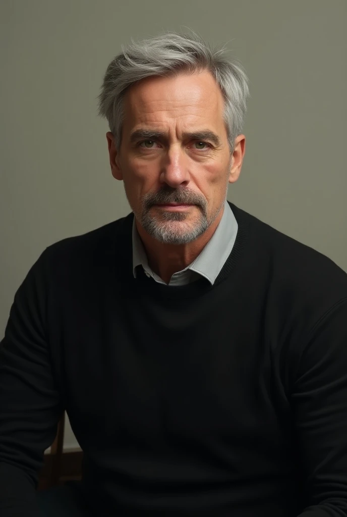 a man, gray hair, green eyes,  with with a goatee and a black sweater is sitting down and looking at the camera with a serious look on his face, Alexander Kucharsky, private press, mitchell mohrhauser, a character portrait