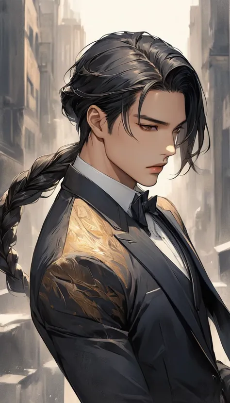 A waist-up view of a semi-realistic anime-style man, aged 28, with long, sleek black hair styled in a single braid that falls down his back. His front hair is parted in the middle, with some strands falling slightly to the side, giving him a rugged yet ele...