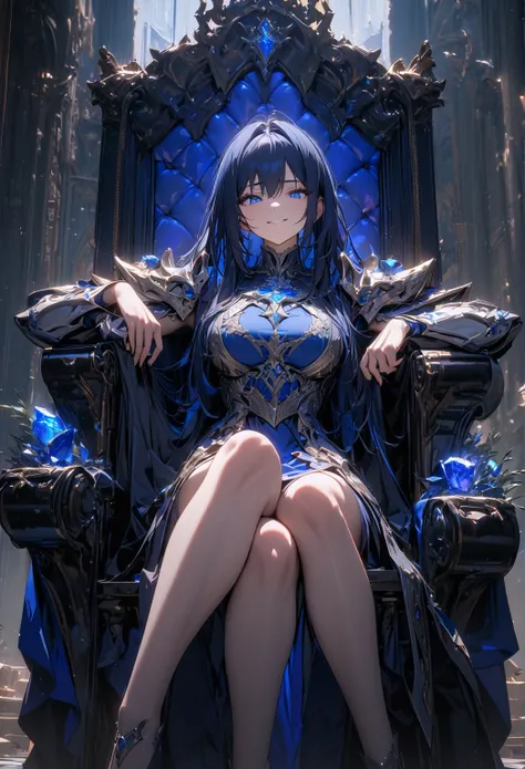 masterpiece, 8k,  top quality , Very detailed, Human female  & Blue Stone, Paladin, Dark blue long hair ,  glowing blue eyes,  seated arrogantly on the prince, Smiling a little ,  arm with jaw pain,  looking down from the throne seated by the prince,  sitt...