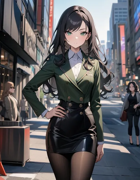 masterpiece, highest quality, solo, solo focus, (perfect face:1.1), (high detail:1.1), babysister lady, los angeles backdrop, black hair, long hair, side-swept bangs, green eyes, black pantyhose, high heel shoes, pencil skirt, miniskirt, one hand on hip, f...