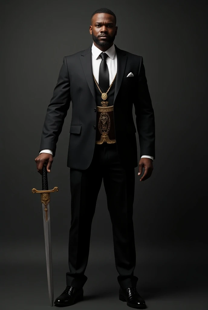 Image from head to toe of a Black man ,  well dressed in black suit, black shoes, white shirt, black necktie, wearing  freemason master mason collar chain with freemason logo pendant, Master Mason apron with freemason logo , holding a sword. 