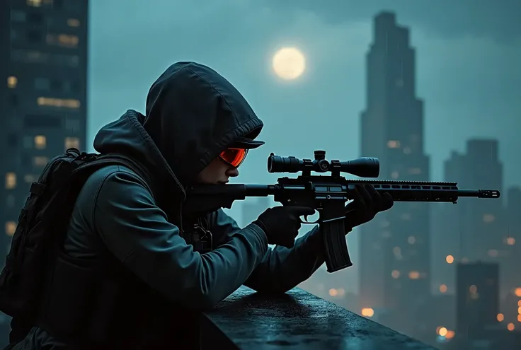  Female Sniper Veteran Assassin ,  Quietly Aim for Targets from Skyscrapers at Midnight, ( best quality,4K,8k, High Resolution ,masterpiece:1.2),Super detailed,(Realistic,photoRealistic,photo-Realistic:1.37),Dramatic lighting,  Moody Atmosphere ,  DRAMATIC...