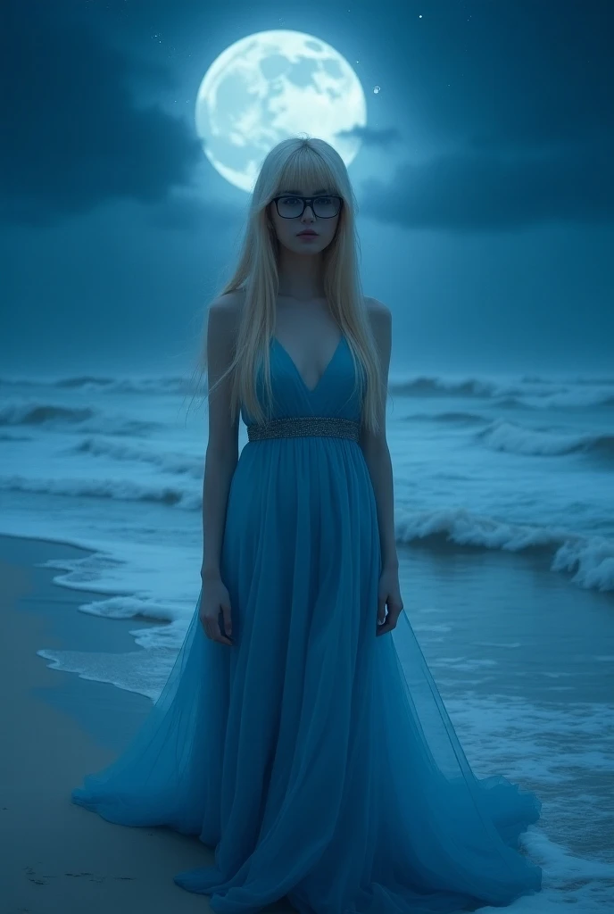 Gorgeous woman, straight long blonde hair with straight bangs. blue eyes, baby blue long flowing gown. Black rectanglular eyeglasses. 
Standing on the beach at night ocean behind her, full moon, stars, lots of fog on the water, ocean waves crashing down. 