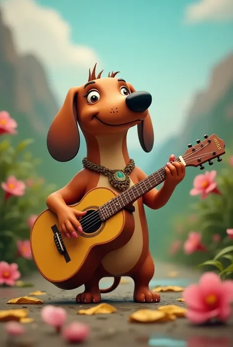 Sausage dog playing guitar necklace and false nails upside down very beautiful background