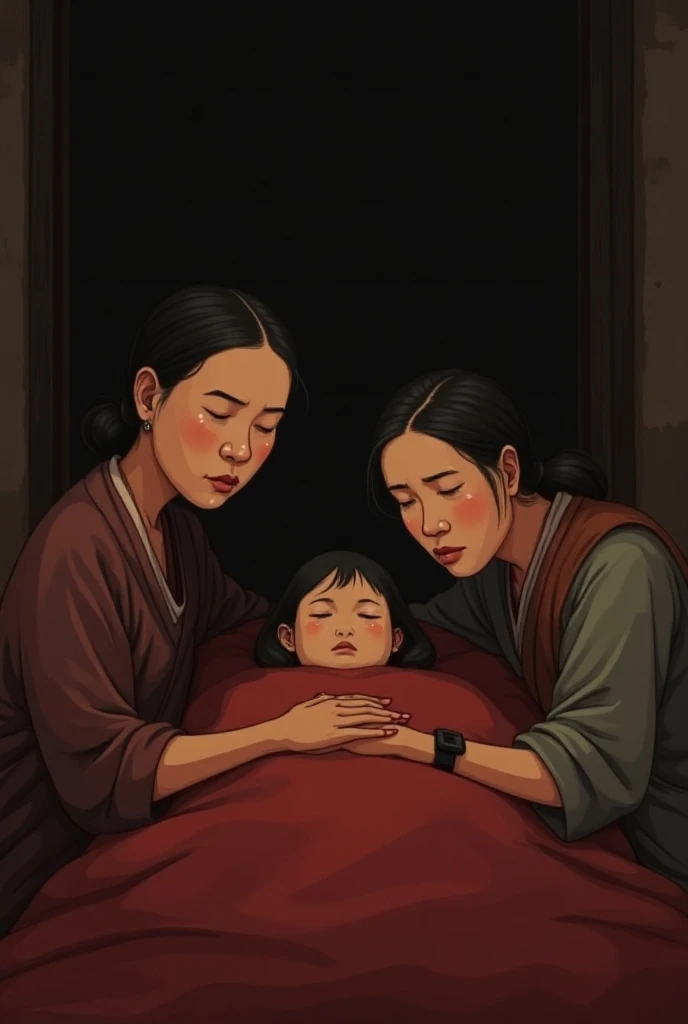 The Hmong parents are crying next to the bed while the Hmong girl in red is sleeping.