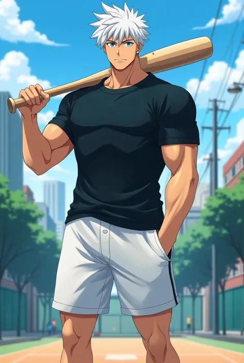 Gojo satoru hold baseball bat black t shirt white shorts 