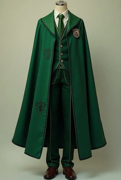  Your Hogwarts uniform is a perfect fusion of adventure and style.  The pants are dark green ,  with silver seams that shine like stars in the night .  Your cape is light and fluid ,  adorned with a snake print in a lighter shade ,  symbolizing your cunnin...