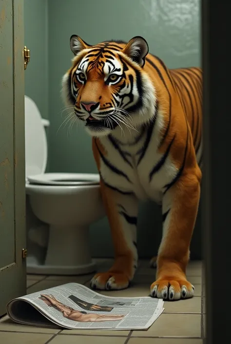 tiger, toilet, read porn newspaper, surprised