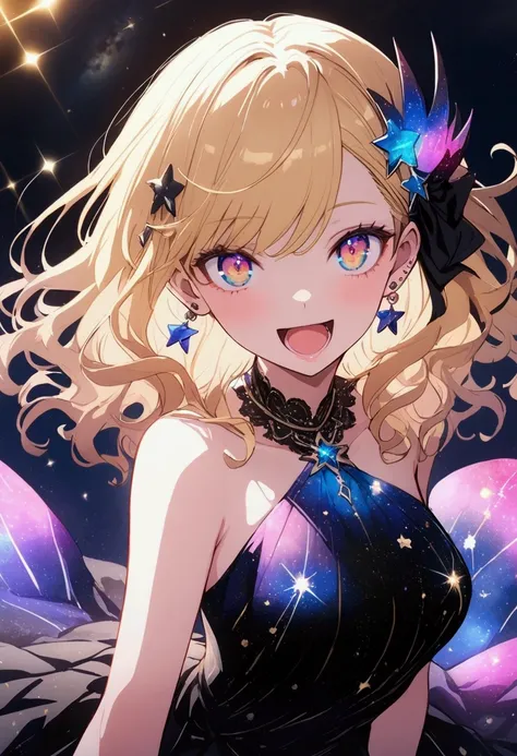 Gacha like splash art, long Wavy blonde hair, Young lady with shining galaxy colored eyes、open mouth, small hair accessories, Small earrings、stars surrounding her, elegant galaxy themed gown, looking at the camera, magenta magic circles