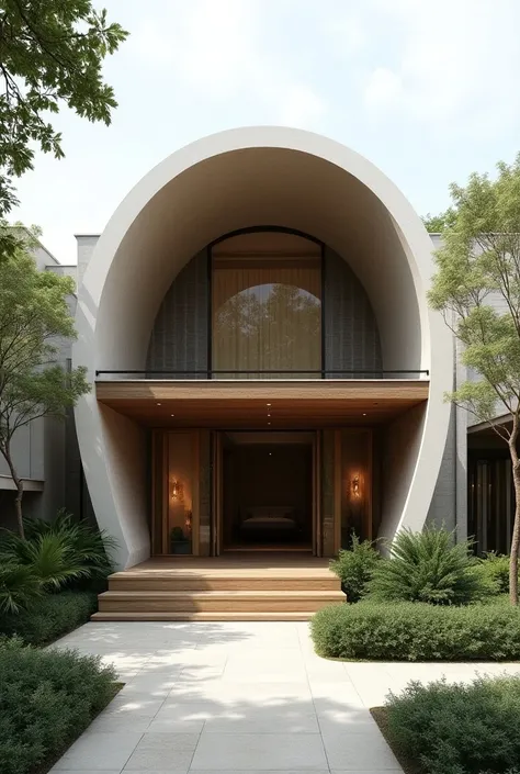 Create a façade of a house with Japanese aesthetics that combines a curved ceiling inspired by the Milan residence of Marcos Acayaba 
