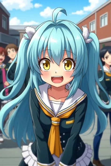  A young  ,  long pastel blue hair with white tufts, their yellow eyes with small fangs , happy expression, Clothing from the anime Boku no Hiro Academia and the UA class in the background