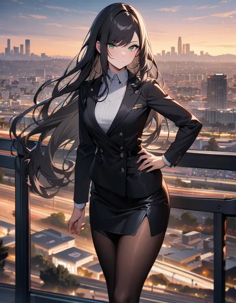 masterpiece, highest quality, solo, solo focus, (perfect face:1.1), (high detail:1.1), normal clothes  lady, los angeles backdrop, black hair, long hair, side-swept bangs, green eyes, black pantyhose, high heel shoes, pencil skirt, miniskirt, one hand on h...