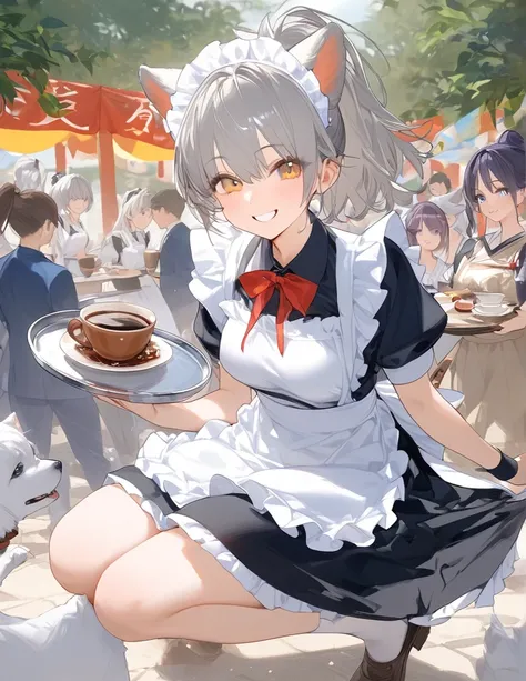 ((Vibrant colors)),, debt/1.2, 超     High Resolution     , detailed,      best quality,      High Resolution     , masterpiece、 White dog ears，Gray Hair、     ponytail on background、School Festival、whole body、cute、smile、 There is a tray with coffee、  、20 ye...