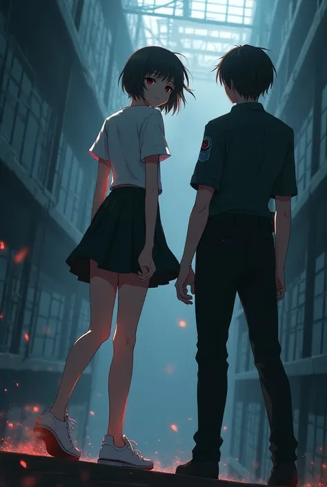  an anime female prisoner, she is wearing a pleated skirt ，Short sleeve， She stands with her feet on the fingerboard of the prison，Next to him is a policeman 