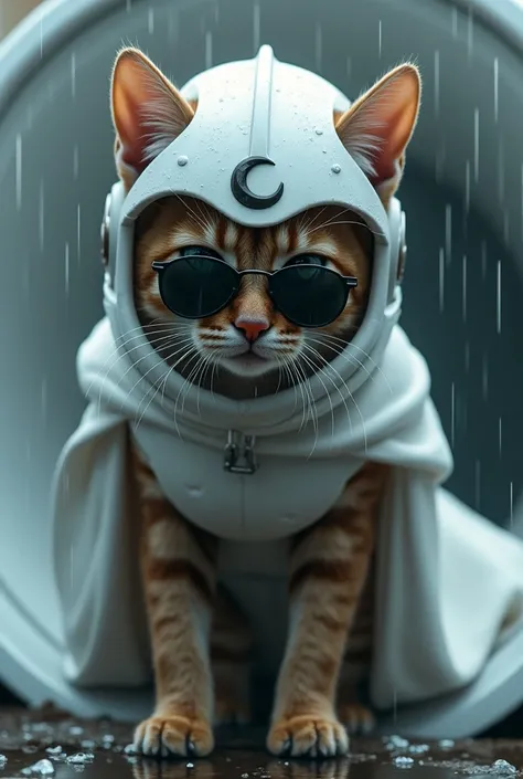 Brown Cat、 crescent moon badge on a white helmet、sunglasses、White Armor、White Cape、White trousers、night、rain、土管の中でrain宿り