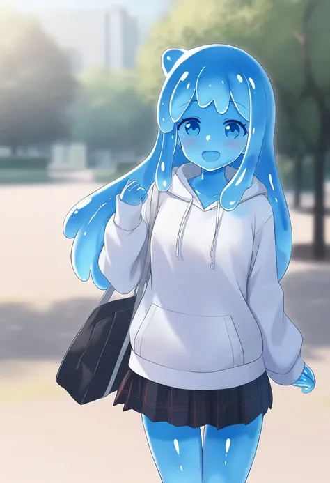 masterpiece, best quality, very aesthetic, absurdres, slime girl, smile, hoodie, skirt, blue skin, slime hair, park