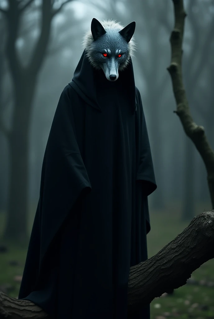  I find myself standing on a branch I had a black robe that hid my body.  on my face a black wolf mask ,  with two blue stripes from forehead to cheeks .  My short light silver hair , wildly scrambled .  on the mask only revealed my crimson eyes blood ,  t...