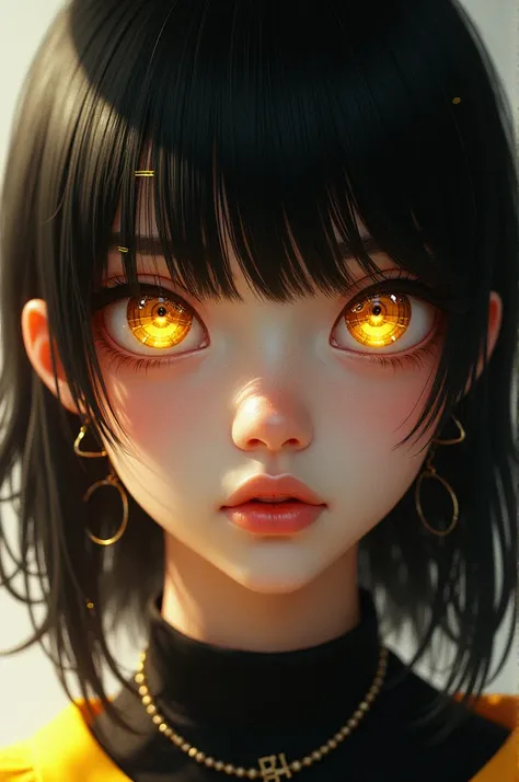 Teenager with black hair with gold-colored bangs and golden eyes 
