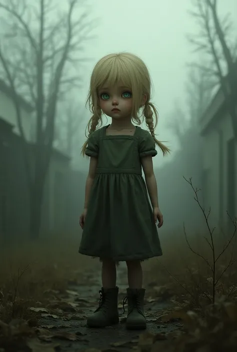 Girl in combenison, Chernobyl exclusion zone, S.T.A.L.K.E.R, green eyes, scar above her left eyebrow, unarmed, five fingers on her left hand, five fingers on her right hand, sad.,Petite girl with blonde twin tails