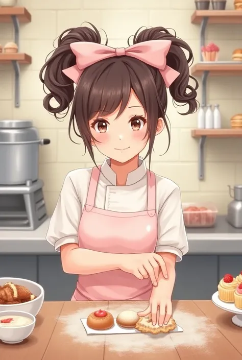 Illustration of a woman with twin tails at the pastry chef
It has a pink ribbon