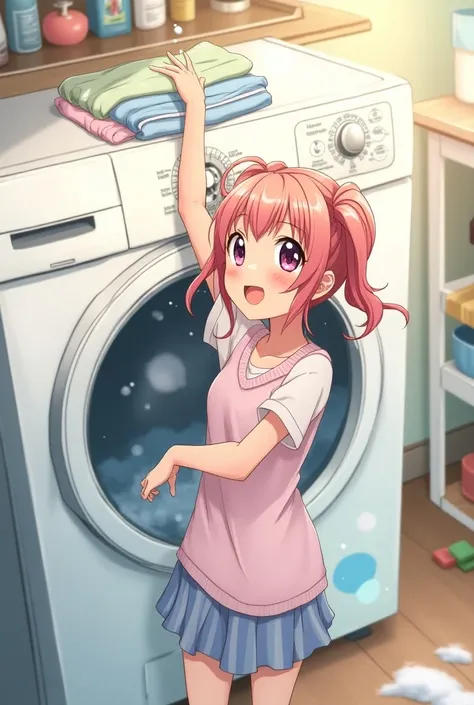 Anime girl taking clothes out of the washing machine



