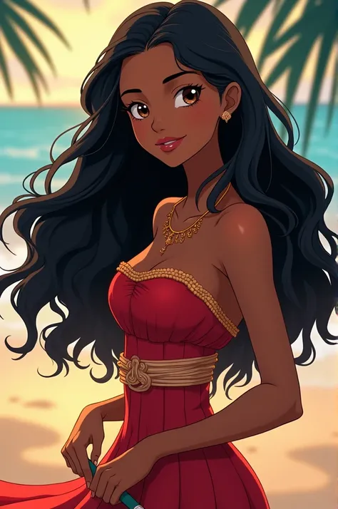   in the style of the One Piece anime create a girl with wavy hair , LONG AND BLACK, Her eyes are brown honey  , is dark-skinned,  she has a very good body ,  her dress is similar to Moanas at the beginning but with a slightly shorter skirt