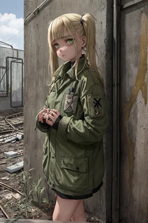 Girl in combenison, Chernobyl exclusion zone, S.T.A.L.K.E.R, green eyes, scar above her left eyebrow, unarmed, five fingers on her left hand, five fingers on her right hand, sad.,Petite girl with blonde twin tails