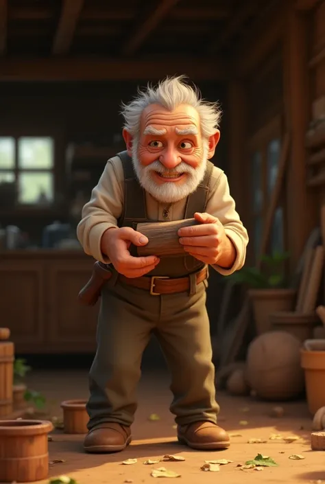 Create a Pixar-style cartoon a old man lifting a wood 