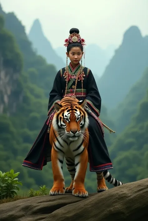  Wearing a black Hmong costume with a Hmong girl sitting on the back of a tiger.