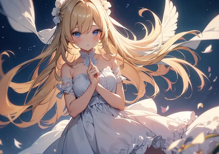 A beautiful girl with flowing blonde hair stands gracefully in a dreamlike landscape. She wears a delicate pastel-colored dress that softly flutters in the breeze. Her large, expressive anime-style eyes radiate warmth and hope, as soft light filters throug...