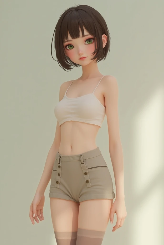 femboy, green eyes,  short brown hair, pretty and delicate face ,  white skin,  small waist, flat stomach,  big thighs, short skirt,  thigh-length stockings , crop top