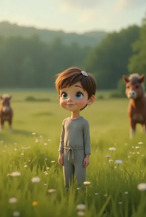 1 girl, 10y, right side, meadow, light grey skintight jumpsuit, waist string, short pixie hair, hair pin, small earrings, smile, shy, big blue eyes, realistic, horses in background