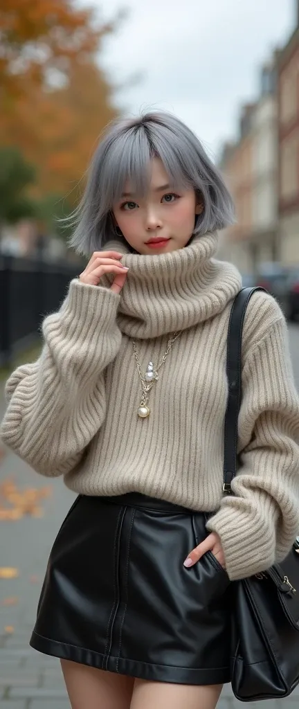 (8k,  photorealistic, Original photo, Highest quality: 1.4),Japanese idol-style beautiful girl,18 years old,Model,1 person,(Short Bob),(Silver Hair),She has her hair tucked behind her ears,Clear grey eyes,Long eyelashes,(piercings(small)),(Lip gloss),lips(...