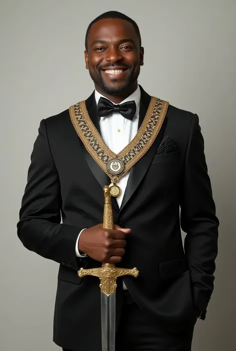 Full Image from head to toe of a smiling Black man ,  well dressed in black suit, black shoes, white shirt, black necktie, wearing a huge EMBROIDERY freemason master mason collar chain with freemason logo pendant, Master Mason apron with FREEMASON LOGO, ho...