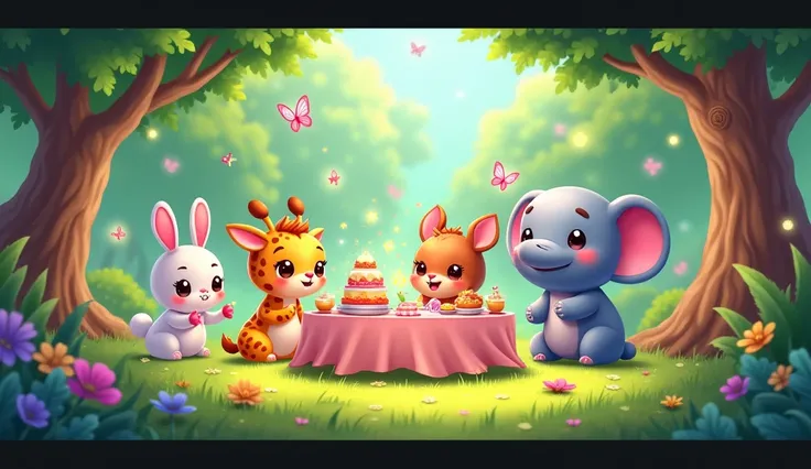  A festival in the beautiful forest.  Shimmering lights ,  party table with animals : rabbit,  giraffe , deer ,  hippo , elephant ,  butterflies chatting happily .  Beautiful foliage grass around . chibi style.