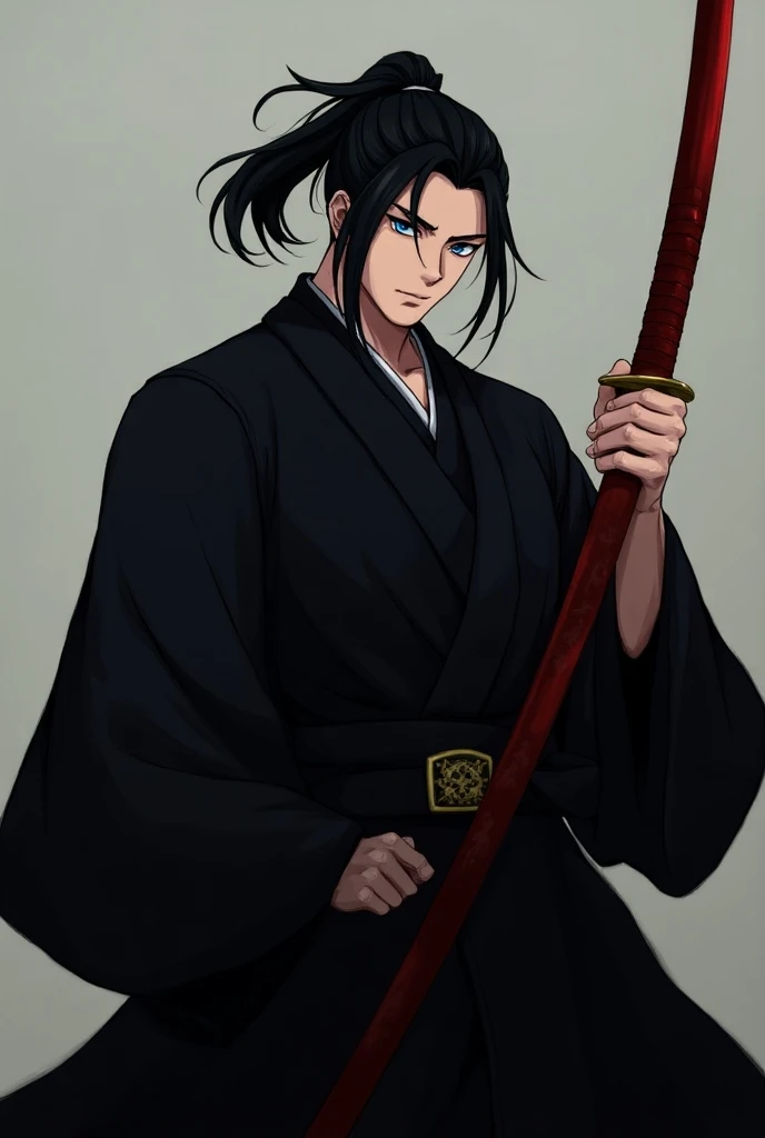 Yoriichi Tsugikuni from kimetsu no yoba anime, black hairs, dark blue eyes, fair skin, calm expression, holding red katana, black samurai kimono, ponytail, athletic build, strong and intimating, handsome 