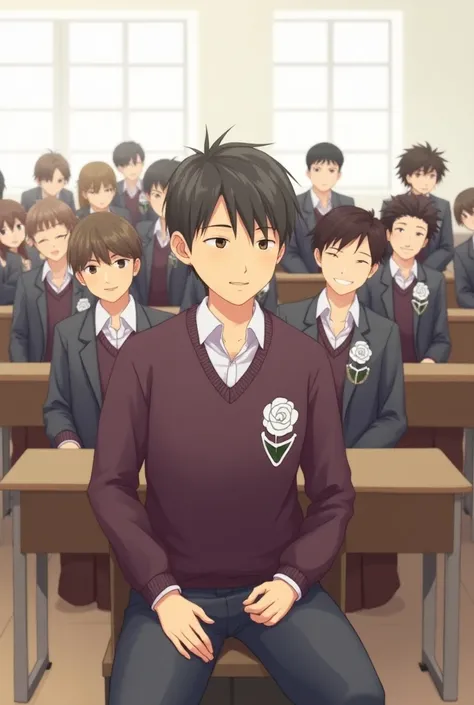 A class of 49 with a uniform of a grey trouser a light grey shirt and a maroon sweater in class with white walls with only boys in cartoon form with a white rose badge sitted in class