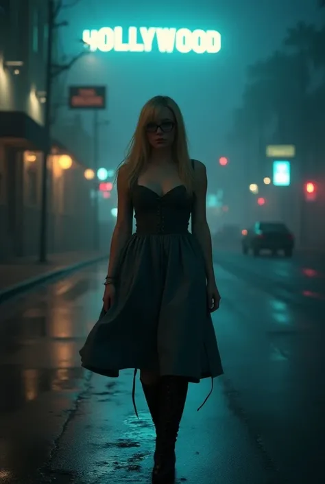 Gorgeous woman, straight long blonde hair with straight bangs. Very busty large breasts, hourglass curvy body. blue eyes. Alice in Wonderland dress with tall combat boots. Black rimmed rectanglular glasses. 
Walking down empty foggy wet streets in Hollywoo...