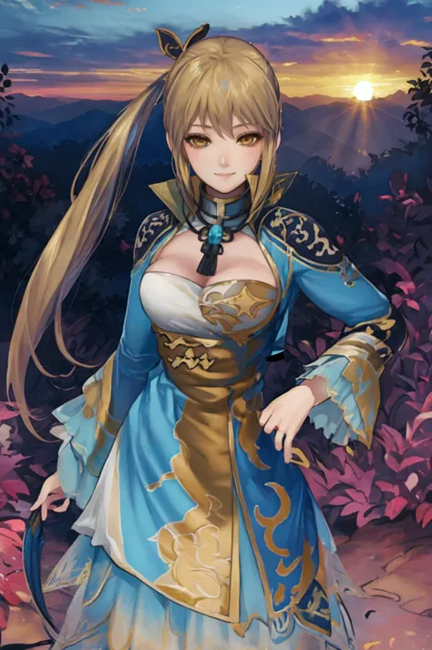 masterpiece, best quality, sunset, sky, the top of the hill, steam, game_cg, science_fiction, wang yuanji blonde hairlooking at ...