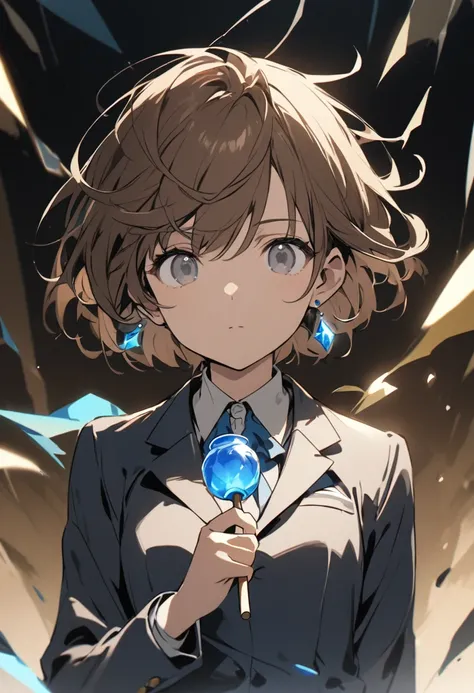 Holding a blue candy apple、Dull brown hair、 belly short hair 、Expressionless、 wearing brown goggles、A flyaway hair is sticking out、wear blue crystal earrings、Blazer wear、Grey Eyes、Neutral、1 person、Mysterious atmosphere