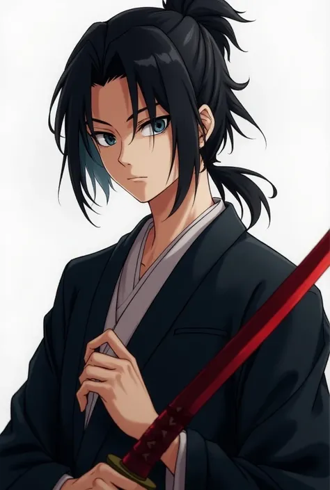 Yoriichi Tsugikuni from kimetsu no yoba anime, black hairs, dark blue eyes, fair skin, calm expression, holding red katana, black samurai kimono, ponytail, athletic build,