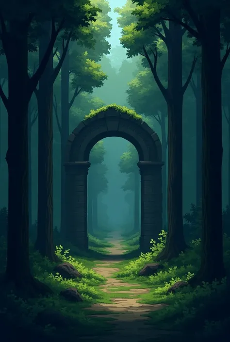 Create forest pixel back ground with arch in the center for pc