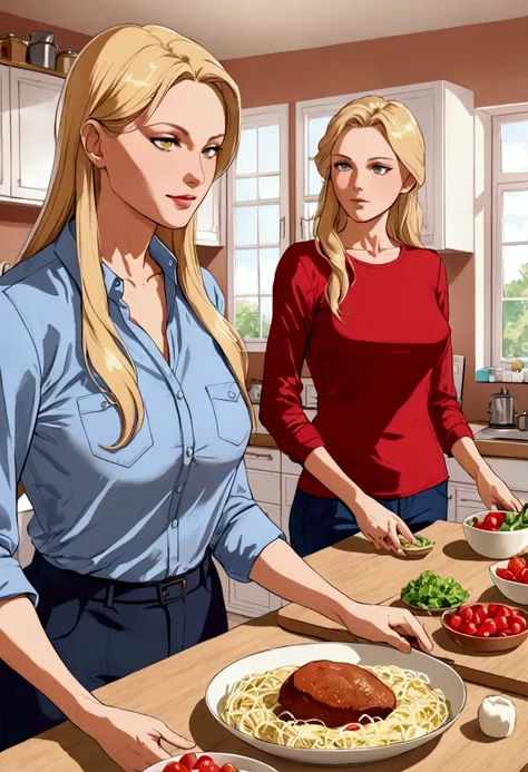 Milf mother with Blonde Nordic features and teenage son with long hair and shirt (kitchen) of stalinika 