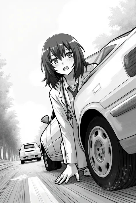 , a drooping ANIME girl is a doctor with a crazy look full of pain and despair, but with her mouth closed in ANIME STYLE IN ANIME, across the road and a car rushes at her! in the manga style of black and white , IN MANGA ANIME STYLE