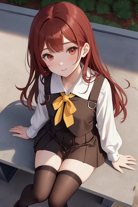 high quality art , excellent resolution ,  girl alone full body , long reddish hair,  bangs sideways leaving the front of the forehead bare, brown eyes, beautiful face, flirtatious expression,  sitting on a roof bench with your hands resting on the bench l...