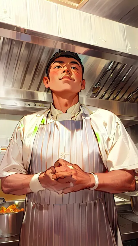 arafed man in a kitchen wearing an apron and a white shirt, best chef, ash thorp khyzyl saleem, cook, tony taka, asher duran, wearing white chef hat, inspired by Eddie Mendoza, tanjiro kamado, bao pham, in the kitchen, longque chen, inspired by Reuben Tam,...