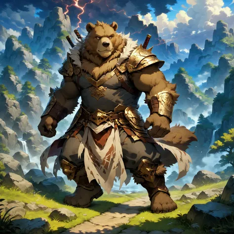 character focus, full body, looking away, dynamic angle, european fantasy, a plump middle-aged bear man, clothed, heroic costume, armor, pants, dynamic pose, BREAK complete anatomy, perfect proportions, beautiful thigh gap, fluffy body, intricate fur detai...