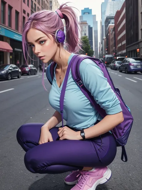 1 girl,  tight crotch pants . blue color .  Open blue blouse casual shoes  . ponytail hair . purple and pink . night in the city . Purple and pink headphones and backpack  . Blushing 
Squatting 